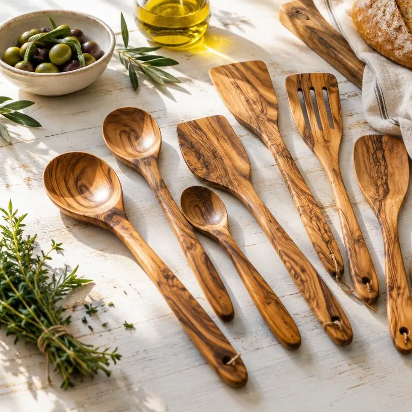 Olive wood spoons and spatulas on a kitchen table